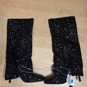 Black Sequin Knee-High Heeled Boots - Women's